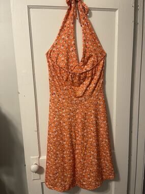 HUHOT Womens Orange Floral Halter Dress Size large
